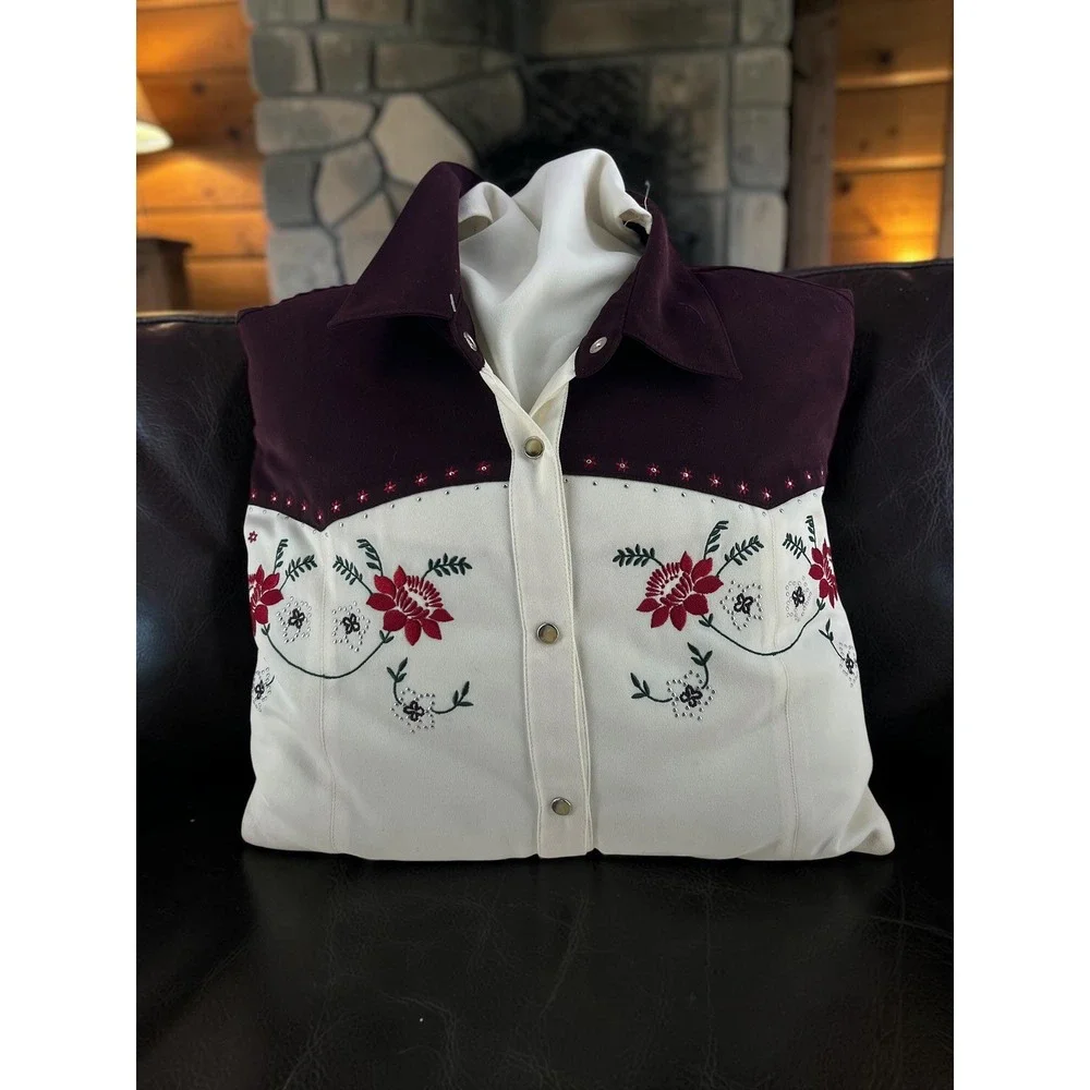 Vintage Western Snap Shirt Throw Pillow Upcycled Embroidered Cowboy Rustic Decor